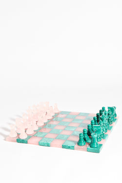 One of a Kind Italian Rose Pink/Malachite Green Large Alabaster Chess Set