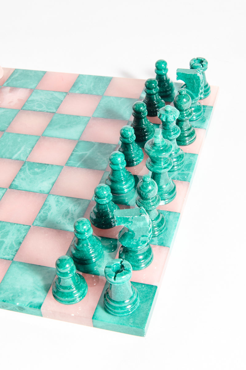 One of a Kind Italian Rose Pink/Malachite Green Large Alabaster Chess Set
