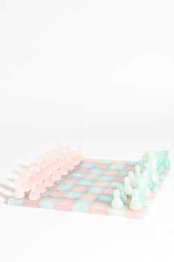 One of a Kind Italian Rose Pink/Seafoam Green Large Alabaster Chess Set