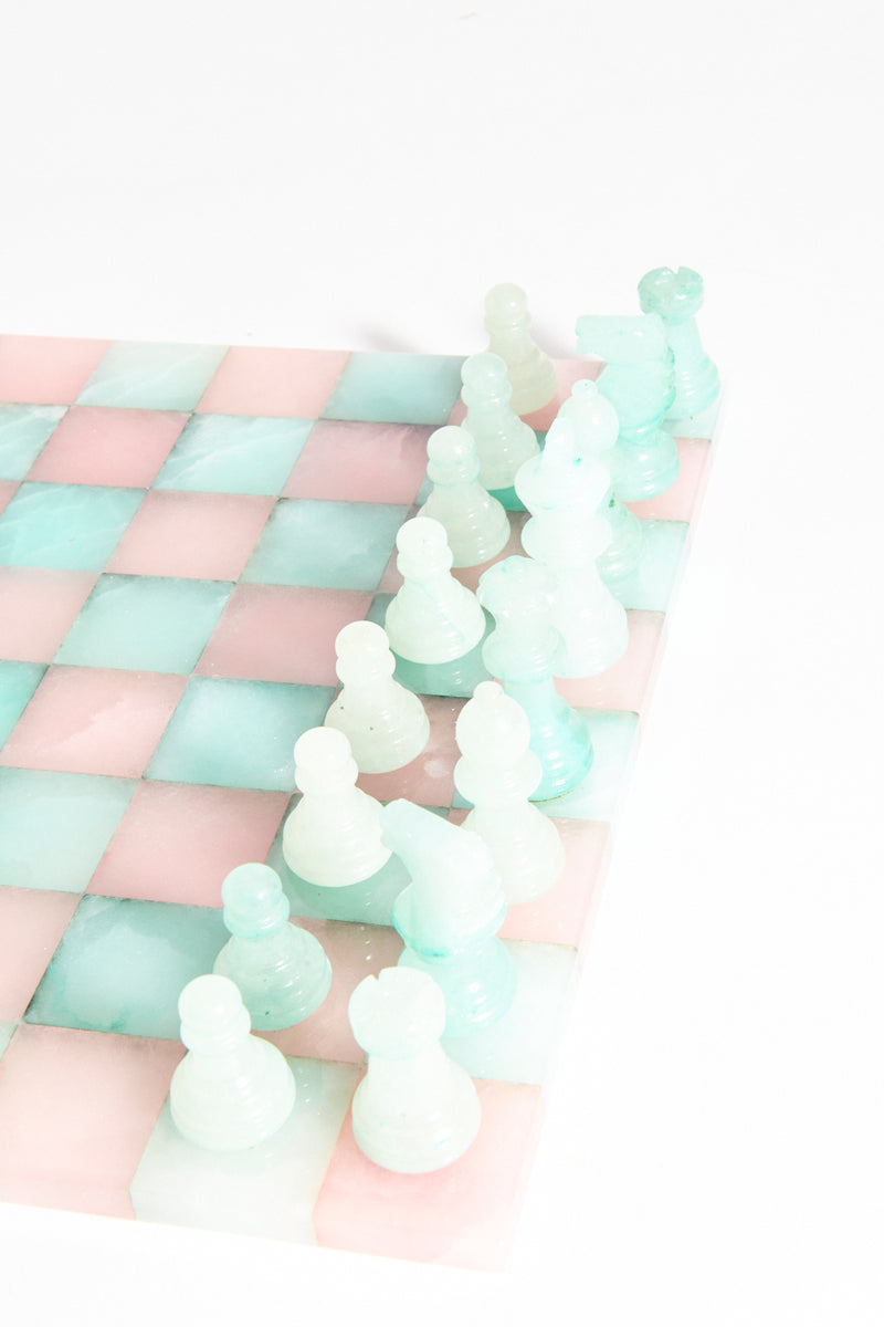 One of a Kind Italian Rose Pink/Seafoam Green Large Alabaster Chess Set