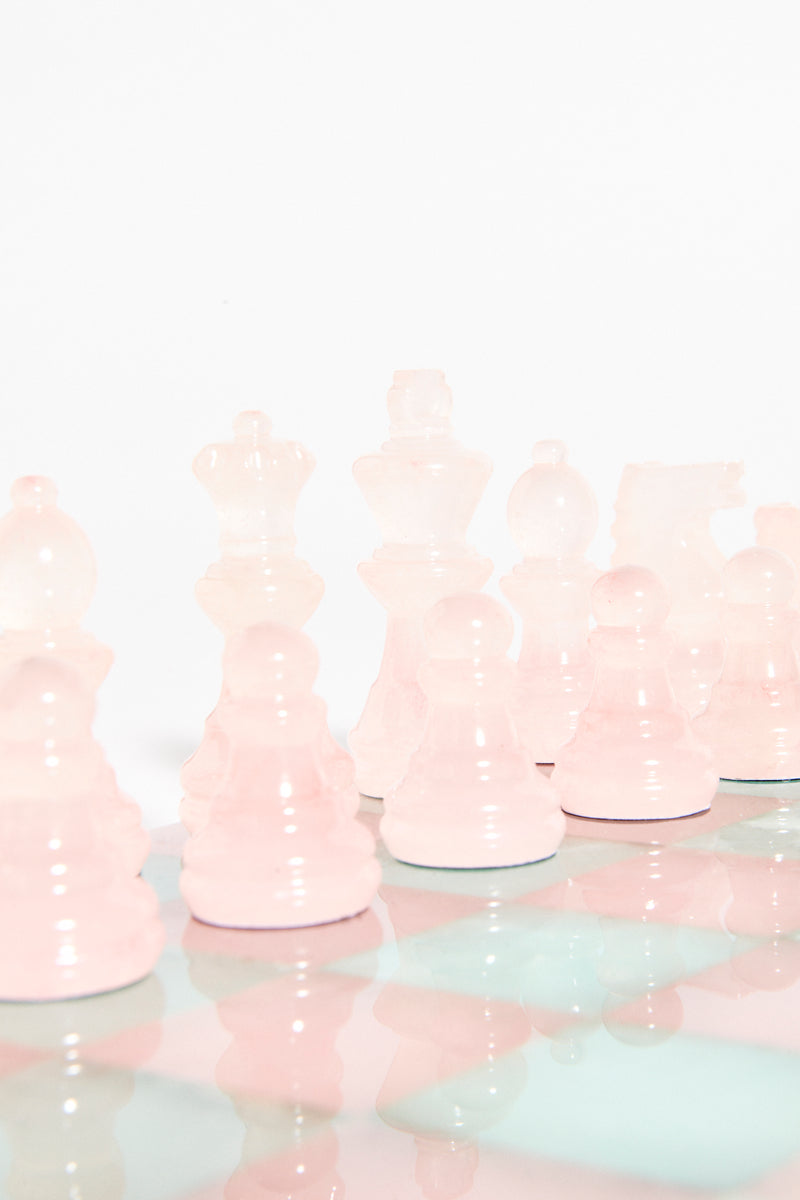 One of a Kind Italian Rose Pink/Seafoam Green Large Alabaster Chess Set
