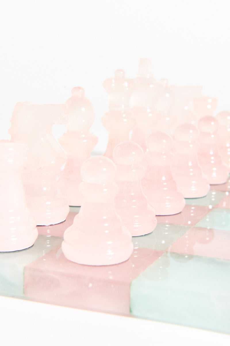 One of a Kind Italian Rose Pink/Seafoam Green Large Alabaster Chess Set