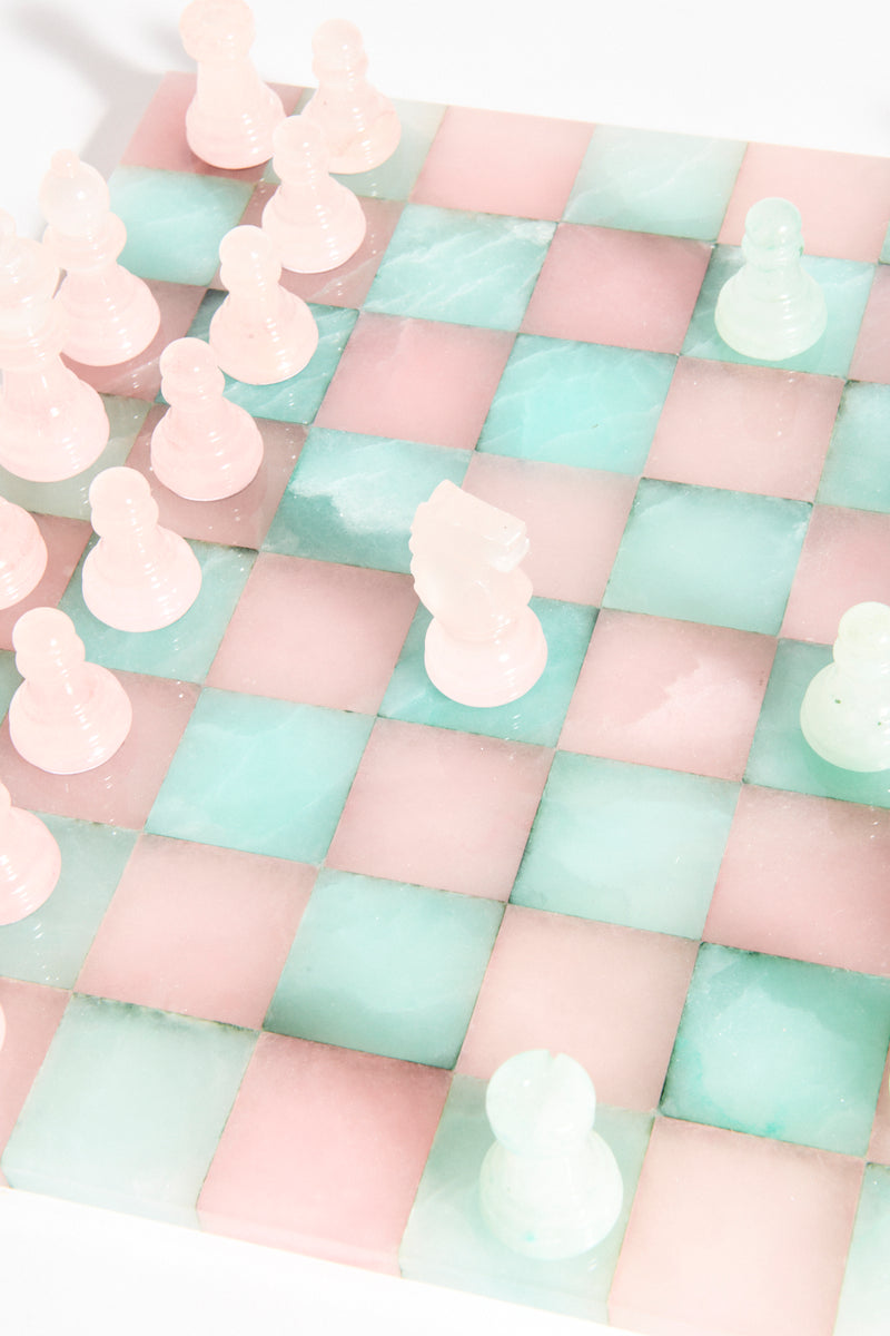 One of a Kind Italian Rose Pink/Seafoam Green Large Alabaster Chess Set