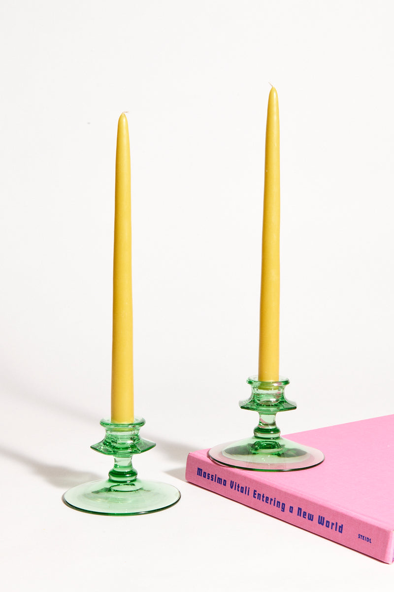 1930s Green Glass Candle Holder Set of Two