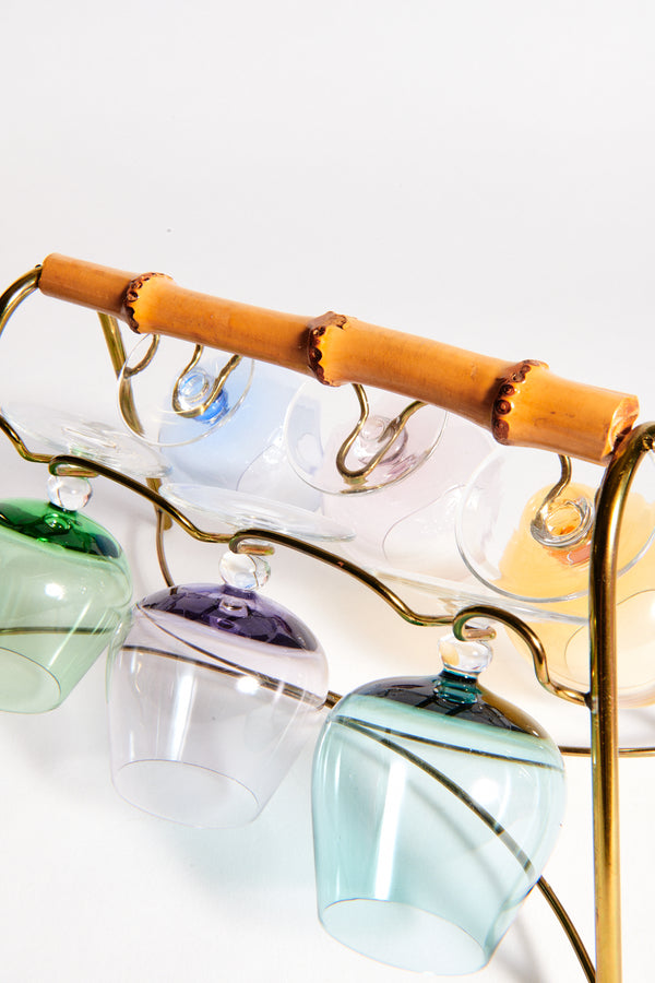 Italian Rainbow Set of Six Aperitif Balloon Glasses with Bamboo Caddy