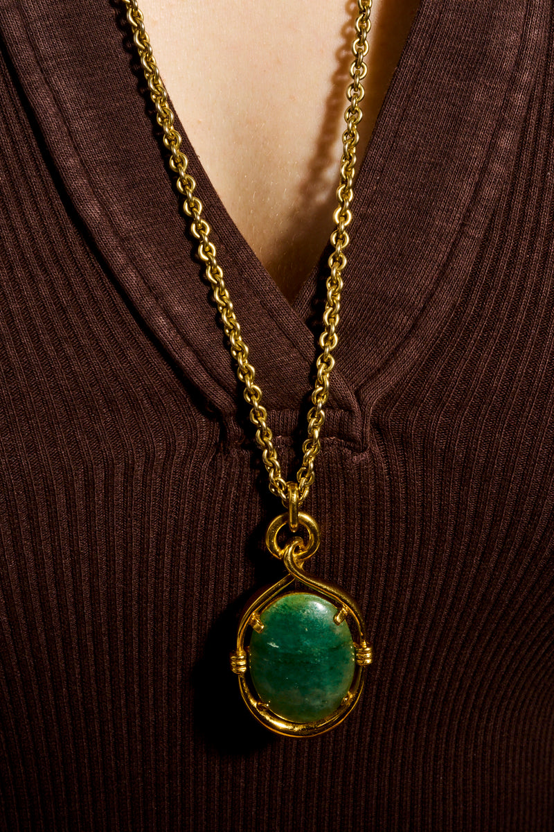 Faux Jade and Gold Oval Pendant Necklace