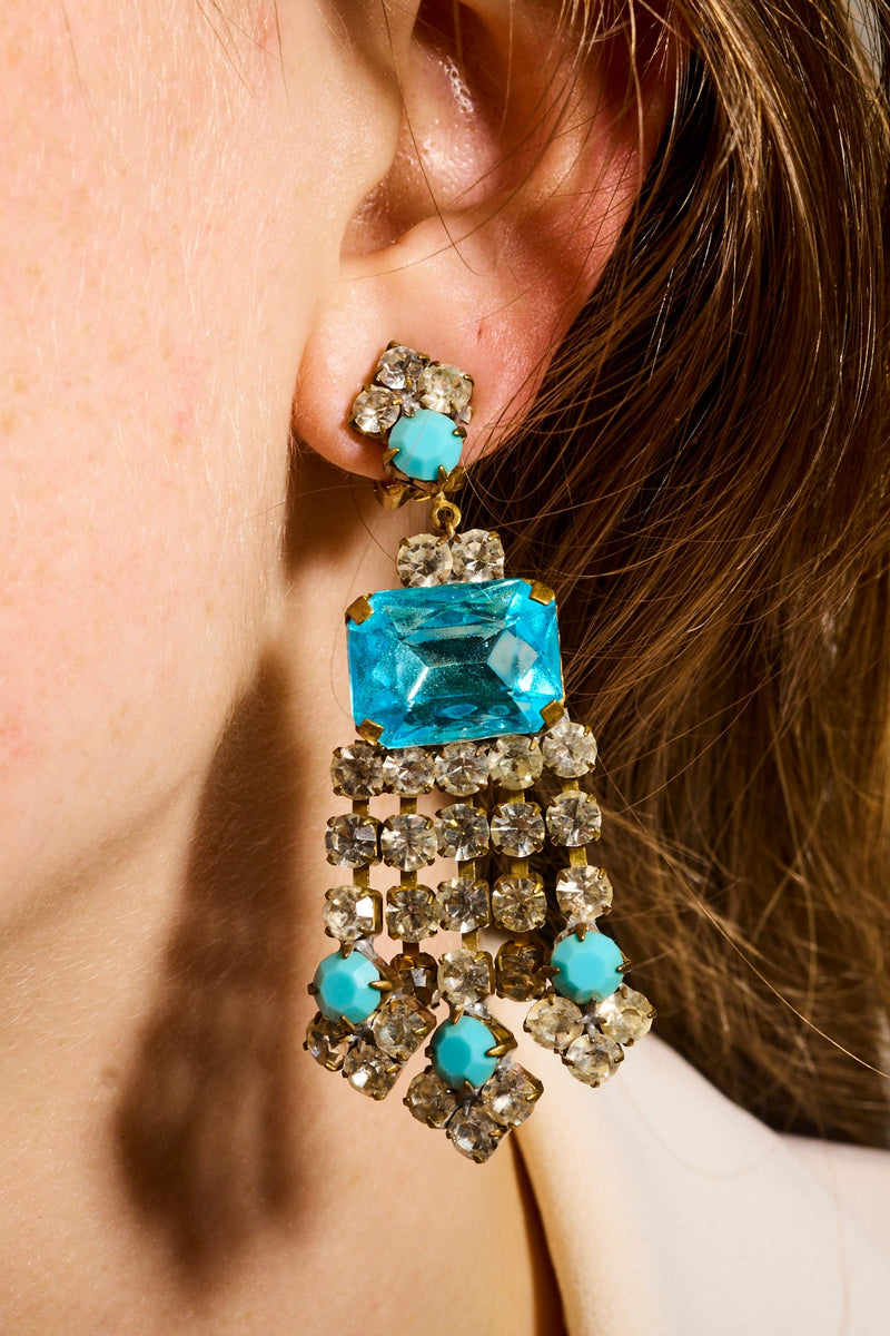 Aquamarine Crystal/Rhinestone Clip On Chandelier Earrings