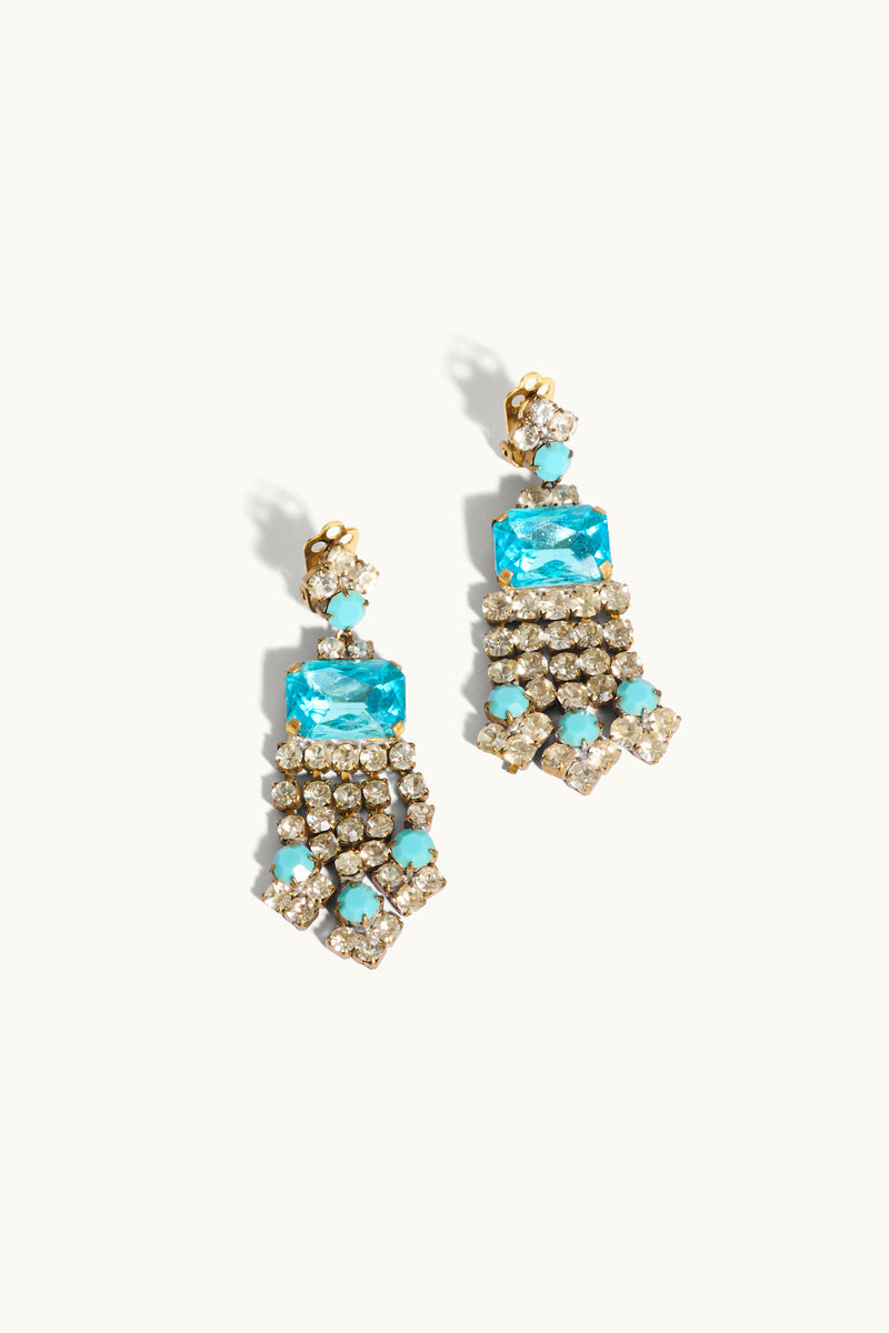 Aquamarine Crystal/Rhinestone Clip On Chandelier Earrings