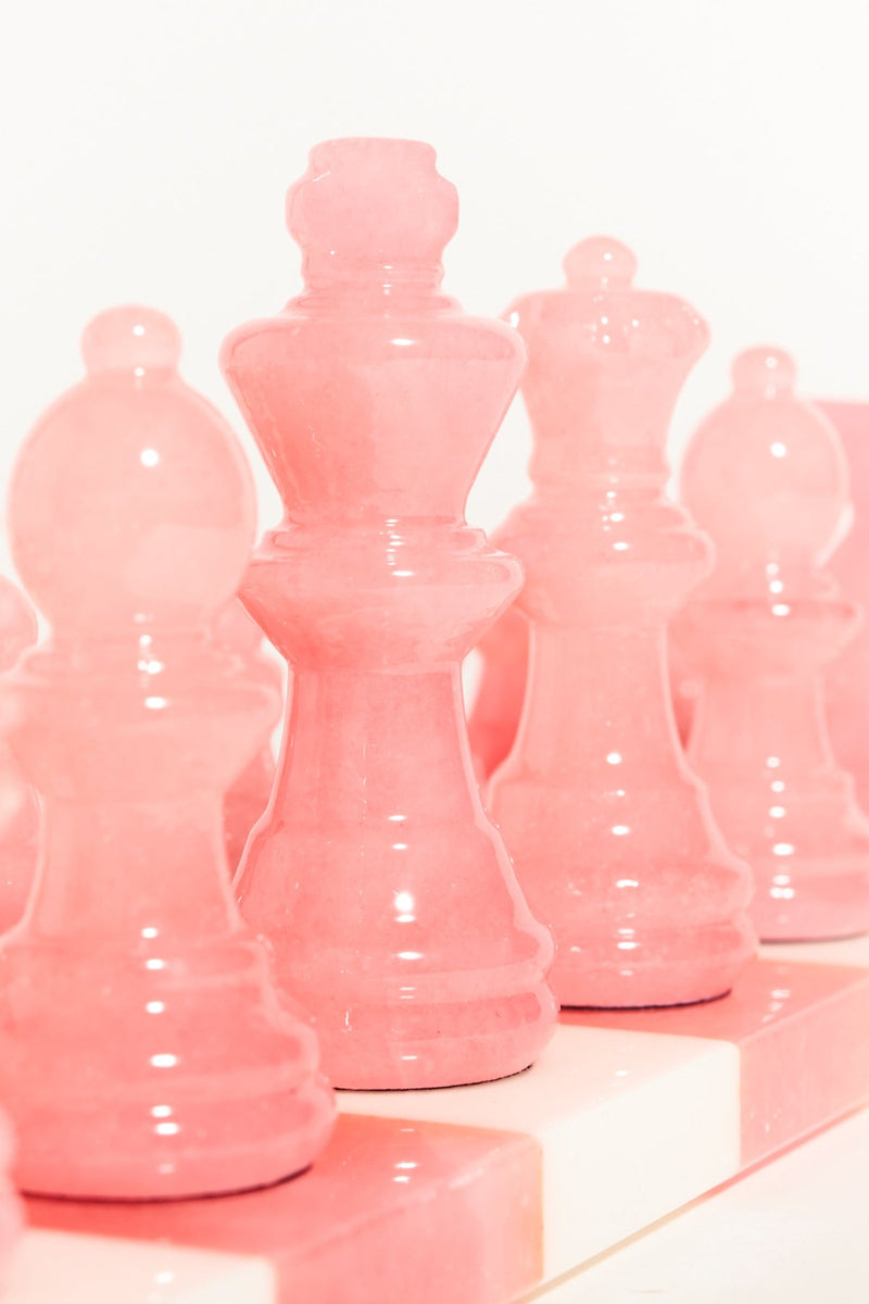 Rose Pink/White Italian Alabaster Large Chess Set
